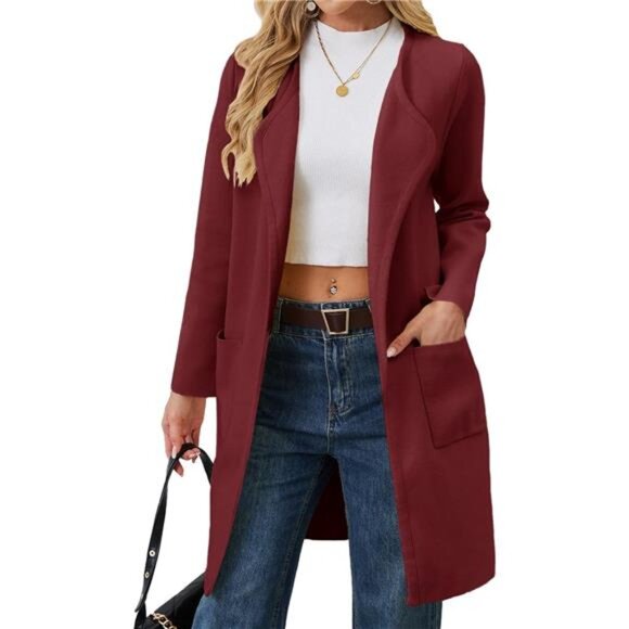 Women's Open Front Knit Cardigan Coats with Pockets Wine Red - Picture 2 of 5